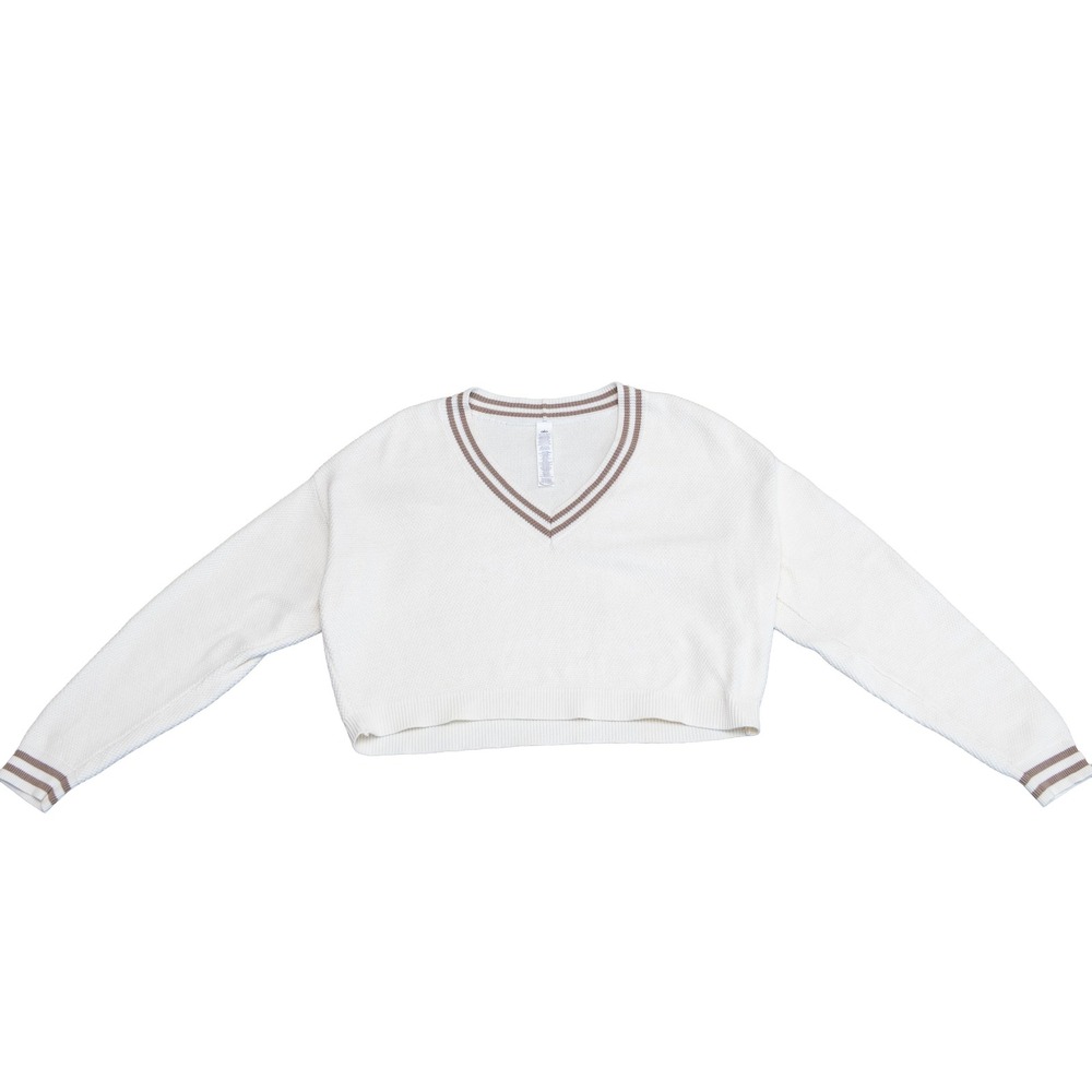 Alo Yoga Womens Cropped V-Neck Sweater White Striped Cotton Knit XS